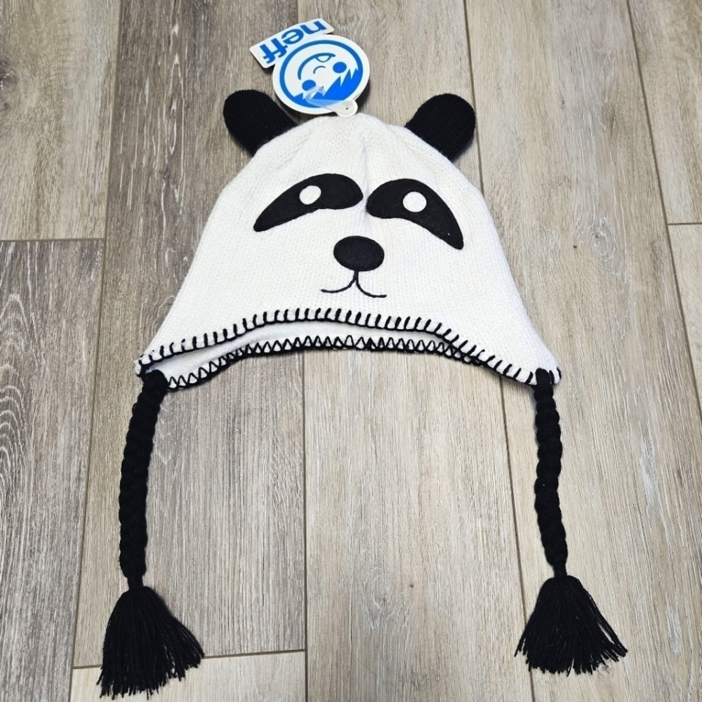 Neff Panda Black White Knit Hat Beanie Braided Tassels Women's Unisex Onesize